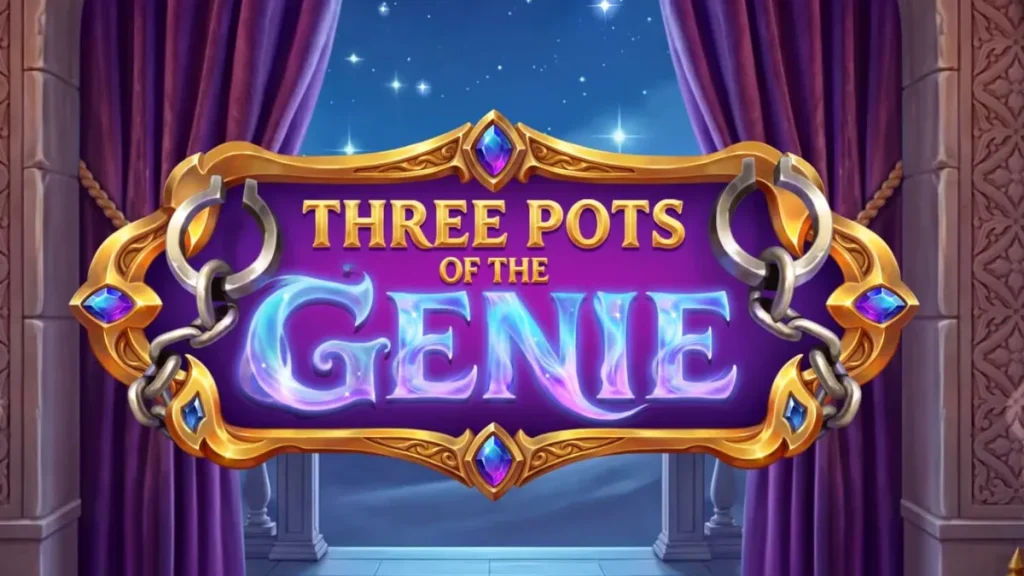 Tampilan visual slot Three Pots of the Genie dengan latar belakang gurun dan lampu ajaib